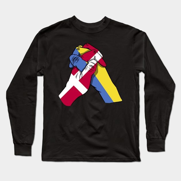 Denmark and Ukraine Flags Holding Hands Ukraine Denmark Roots Long Sleeve T-Shirt by BramCrye